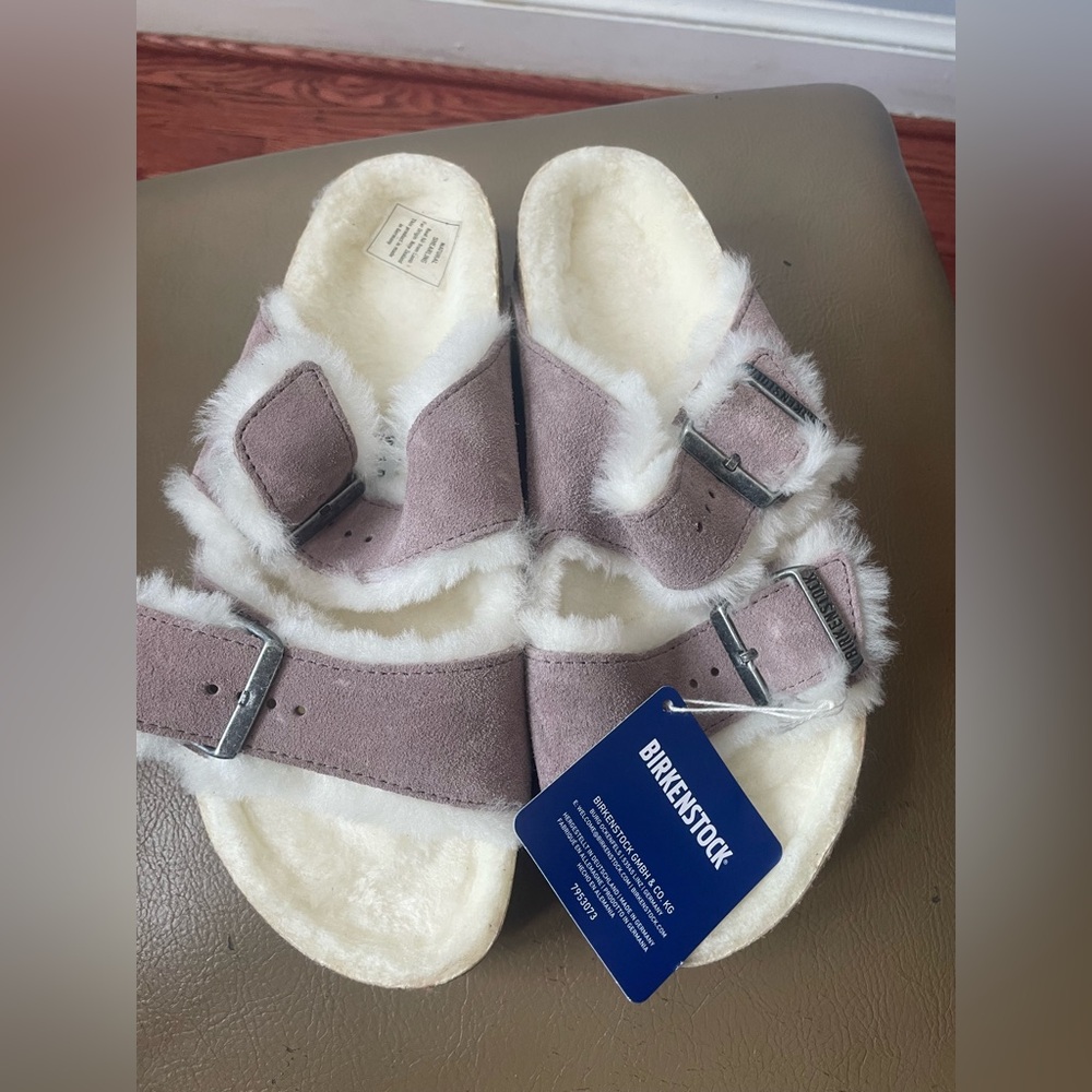 Birkenstock Suede Sandals in Mauve and Cream